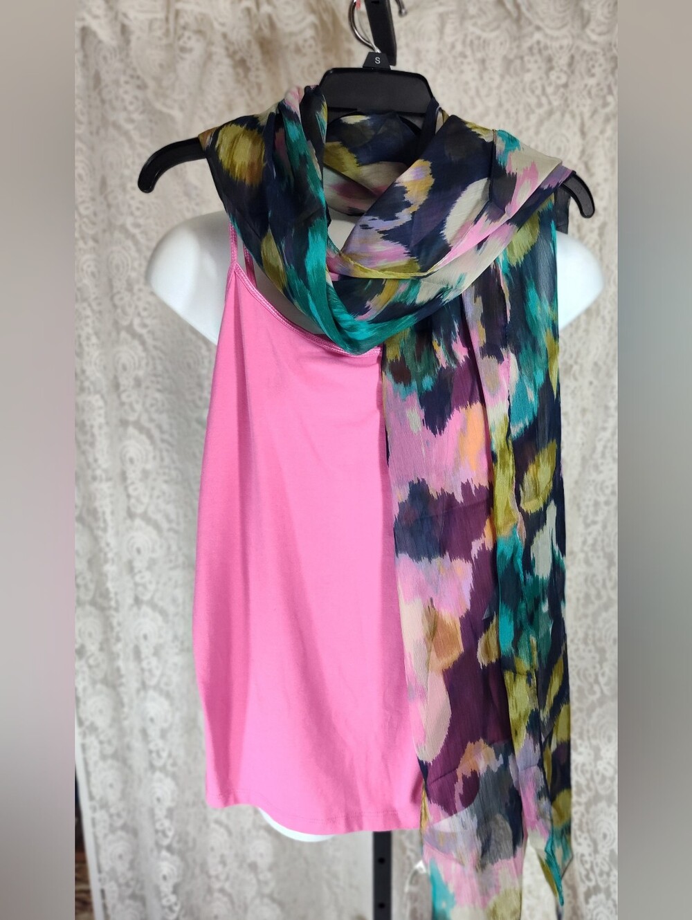 Cato Multi-Color Abstract Print Scarf with Pink and Teal Accents